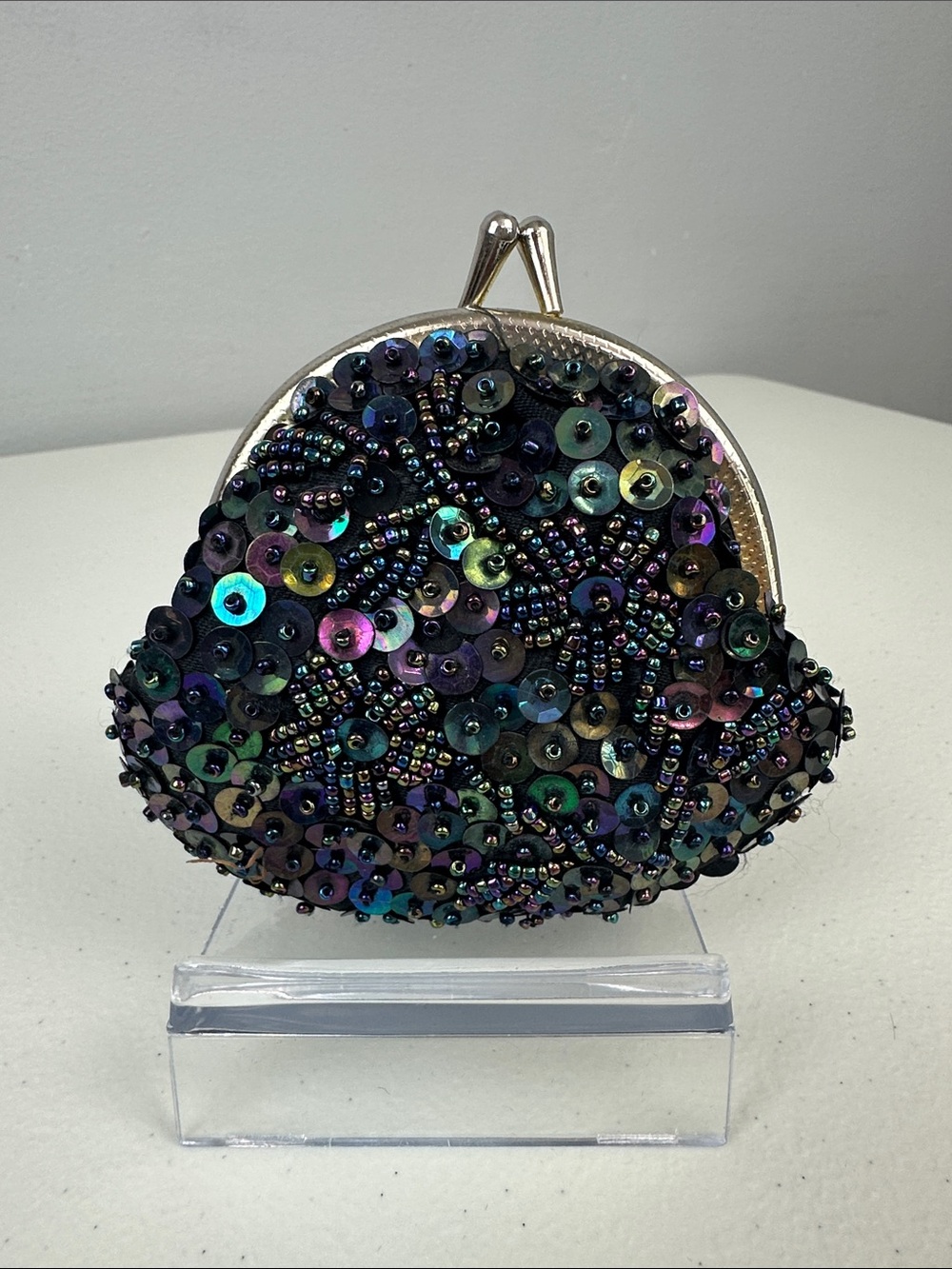 Sequin Beaded Black Purple Iridescent Coin Purse
